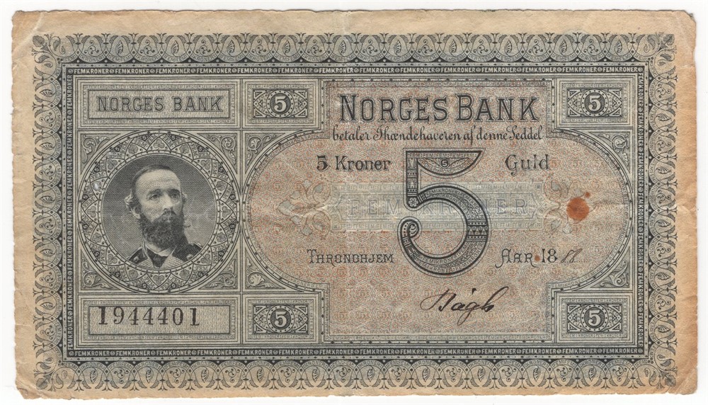 5 kroner 1888 Oscar II. No. 1944402. R-seddel. Kv.1-