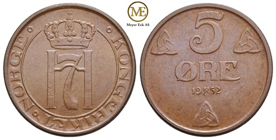 5 øre 1952 Haakon VII. Kv.0