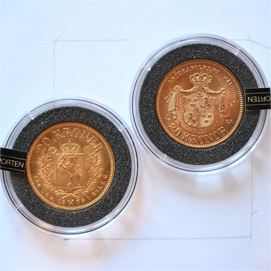 Norge 20 kr 1876 og Sverige 20 kr 1877 kv. 0/01 og 0