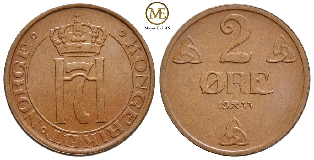 2 øre 1933 Haakon VII. Kv.0