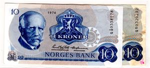 10 kroner 1974 QV og QÅ erstatning Kv. 1 og 01