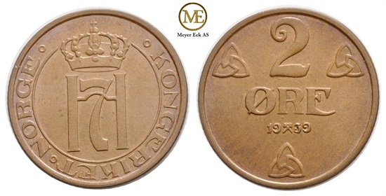 2 øre 1939 Haakon VII. Kv.0