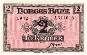 2 kroner 1942 A.641013. London utg. Kv.01