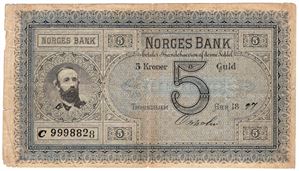 5 kroner 1897 C.9998828. Oscar II. UNIK seddel. Kv.1/1-