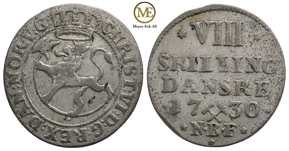 8 skilling 1730 Christian VI. Kv.1+
