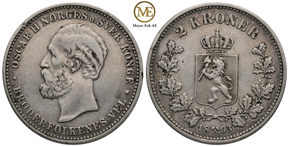 2 kroner 1893 Oscar II. Kv.1+