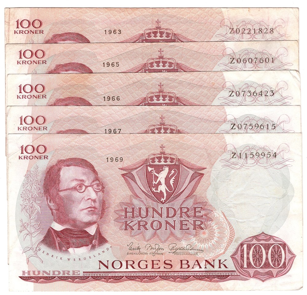 Lot. 100 kroner erstatningssedler. 1963-1969.Z.  VK
