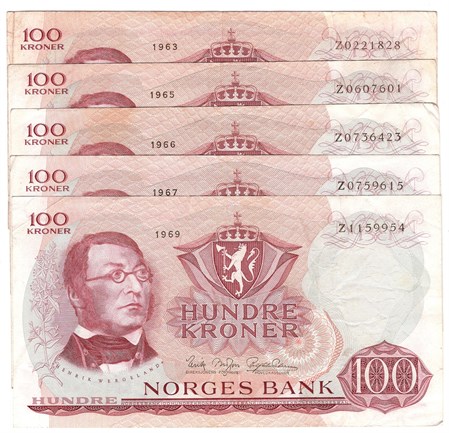 Lot. 100 kroner erstatningssedler. 1963-1969.Z.  VK