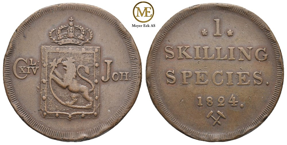 1 skilling 1824 Ompreget. Carl XIV Johan. Kv.1+