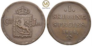 1 skilling 1824 Ompreget. Carl XIV Johan. Kv.1+