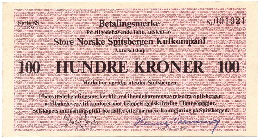 100 kroner 1978 SN Spitsbergen Kulkompani. Kv.0