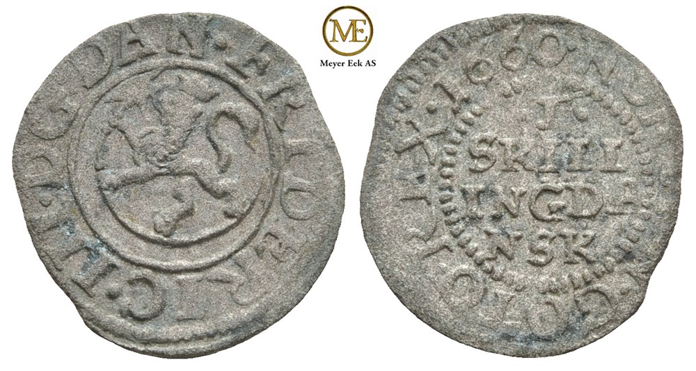 1 skilling 1660 Frederik III. Kv.1/1+