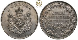 2 kroner 1907 Jub. m/Gevær Jub. Haakon VII. Kv.01