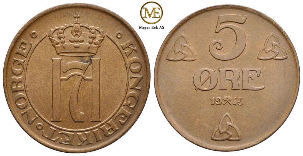 5 øre 1913 Haakon VII. Kv.0