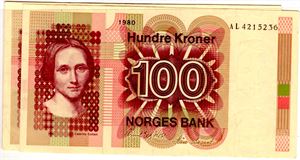 100 kroner 1980 AL og AP Kv.01 og 1+