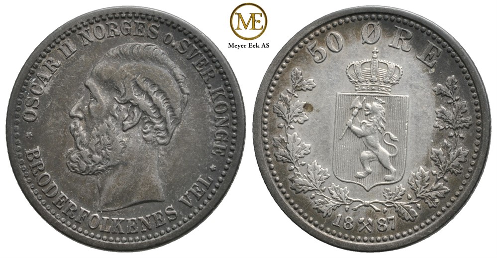50 øre 1887 Oscar II. Kv.1+