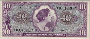 10 dollar Military Payment Certificate. Kv.0