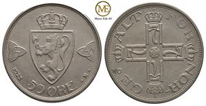 50 øre 1923 Haakon VII. Uten hull. Kv.0/01