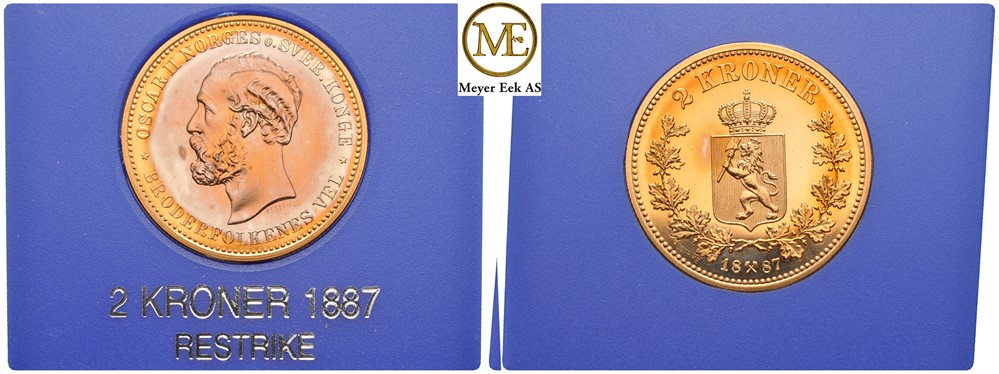 2 kroner 1887 restrike i bronse. Proof
