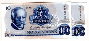 10 kroner 1977 HF og HO erstatning Kv.0 og 0/01