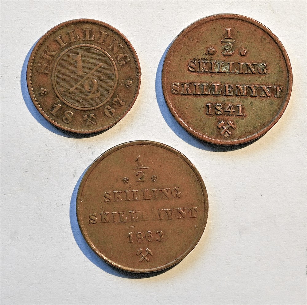 Norge 1/2 skilling 1841,1863 og 1867 kv. 1/1+,1 og 1/1+