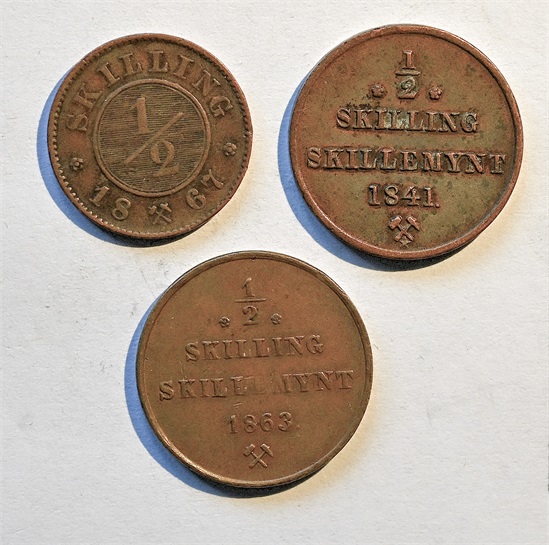 Norge 1/2 skilling 1841,1863 og 1867 kv. 1/1+,1 og 1/1+