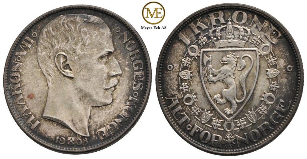 1 krone 1908 p/p Haakon VII. Kv.0