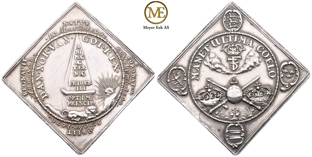 Frederik III minnemedalje om Frederik III død 1670.  Sølv. Galster 197. Renset. Kv.01