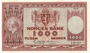 1000 kroner 1974 G.2008440. Erstatningsseddel. Kv.1+