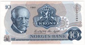 10 kroner 1981 HR. Erstatningsseddel. Kv.0