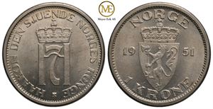 1 krone 1951 Haakon VII. Prakt eksemplar