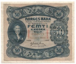 50 kroner 1939 B.7346801. Kv.1/1+