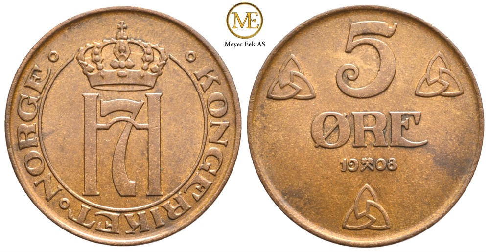 5 øre 1908 Haakon VII. Kv.0