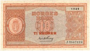 10 kroner 1949 J.9867124. Kv.0/01