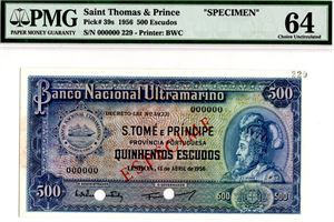 St.Thomas & Prince 500 escudos 1956 specimen i rødt Kv.0 PMG 64