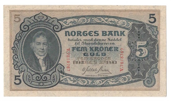 Norge 5 kroner 1943 V kv. 0