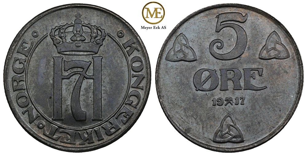 5 øre 1917 Haakon VII. Jern. Prakteksemplar