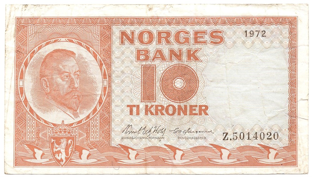 10 kroner 1972 Z.5014020 5-million erstatningsseddel. Kv.1/1-