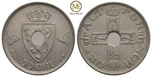 50 øre 1922  Haakon VII. Med hull. Kv.01