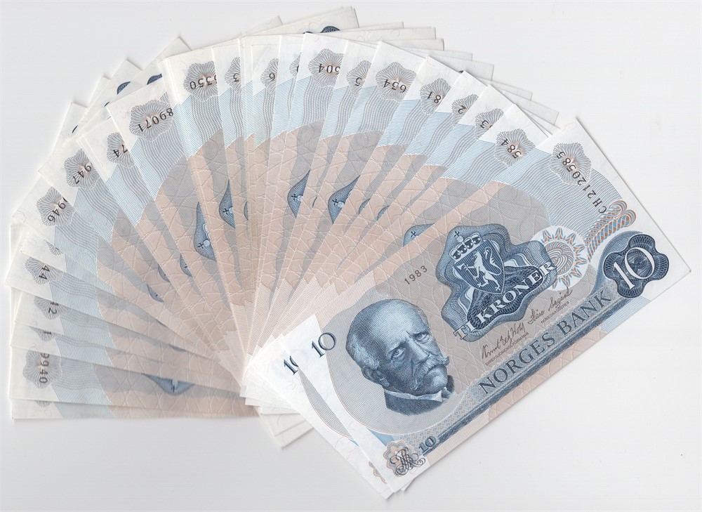 Lot. 10 kroner 1973-1983. 5 Utg. Kv.0