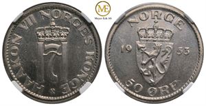 50 øre 1953 Haakon VII. MS.67. Prakt eksemplar.