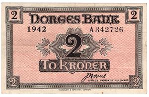 2 kroner 1942 A. London utgaven. Kv.1+