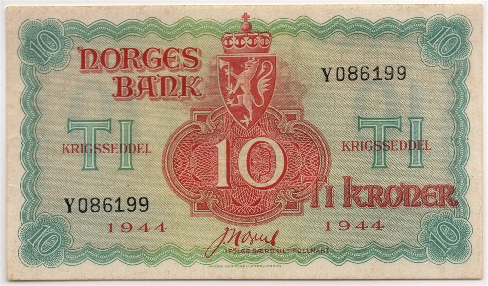 10 kroner 1944 Y.086199. London Utg. Kv.0/01
