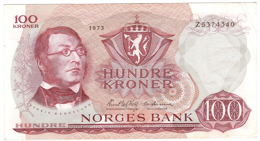 100 kroner 1973 Z.5374340. 5-million erstatningsseddel. Kv.1