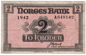 2 kroner 1942 A.648142. London utgaven. Kv.1-