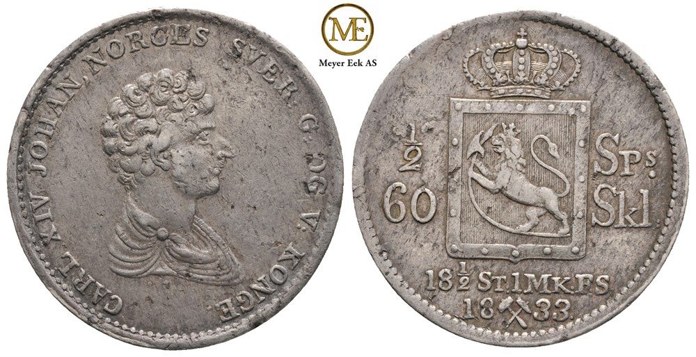 1/2 speciedaler 1833 Carl XIV Johan. Kv.1+