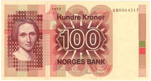 100 kroner 1977 QE erstatningsseddel. 65 EPQ. Kv.0