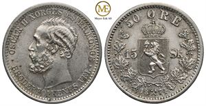 50 øre/15 sk. 1874 Oscar II. Kv.0/01