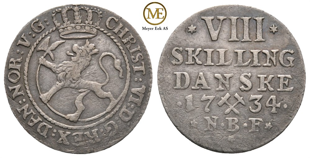 8 skilling 1734 Christian VI. Kv.1+