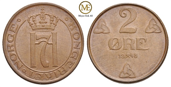 2 øre 1948 Haakon VII. Kv.0